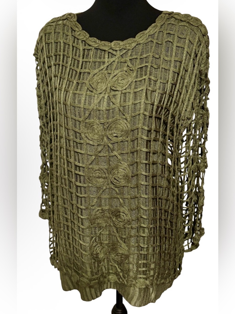 Jung Yoon Sa Olive Green Open Knit Mesh Overlay Rosette Top